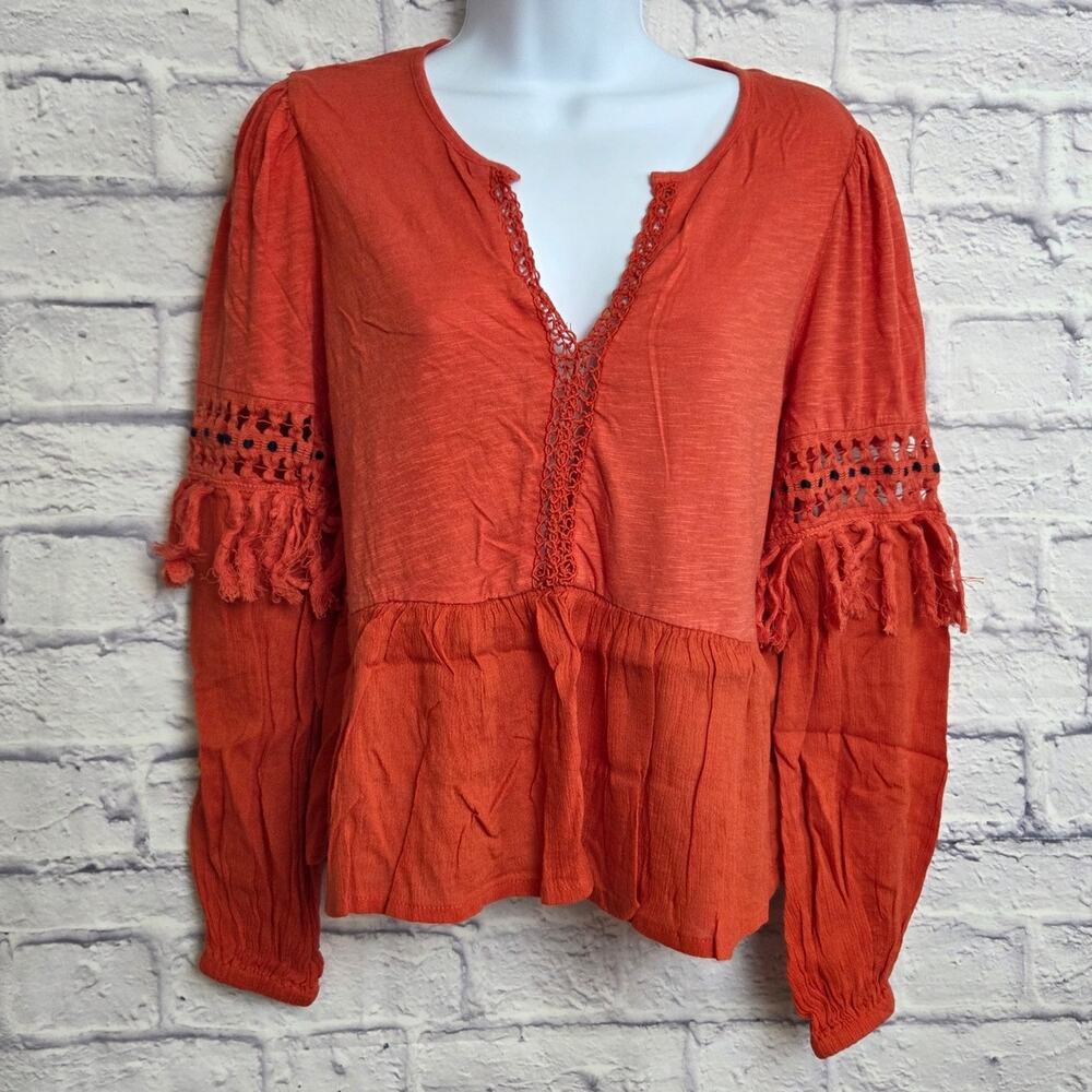 Lucky Brand Shirt Womens XS Orange Peplum Hem Top Long Sleeve V Neck